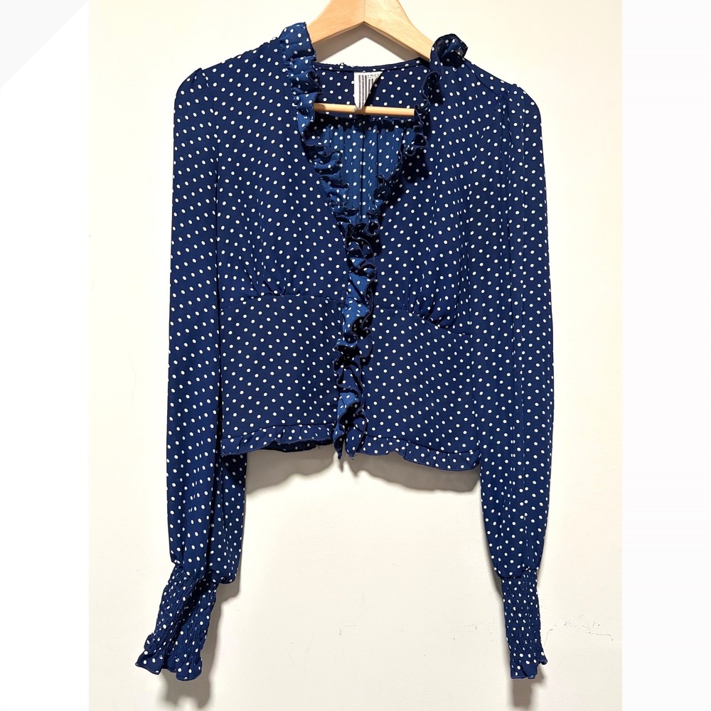 Free People Navy Blue Polka Dot Ruffle Smocked Waist Long Sleeve Blouse Top